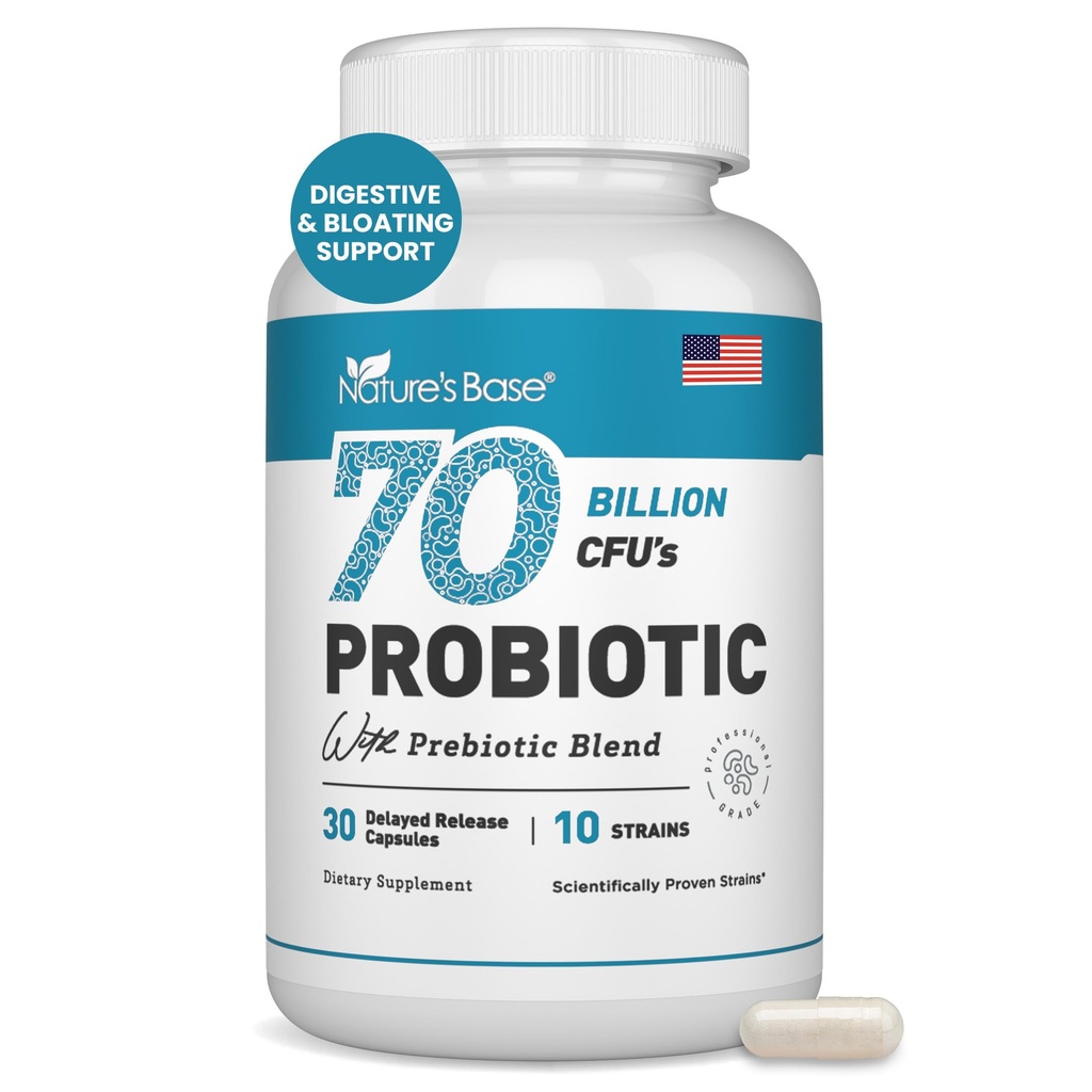 Naturens Base Probiotika 70 Millioner CFU - 10 Strops herunder Lactobacillus Plantarum & Lactobacillus Acidophilus Probiotic - Prebiotika til kvinder & mænds fordøjelsesmæssige sundhed - 30 Kapsler