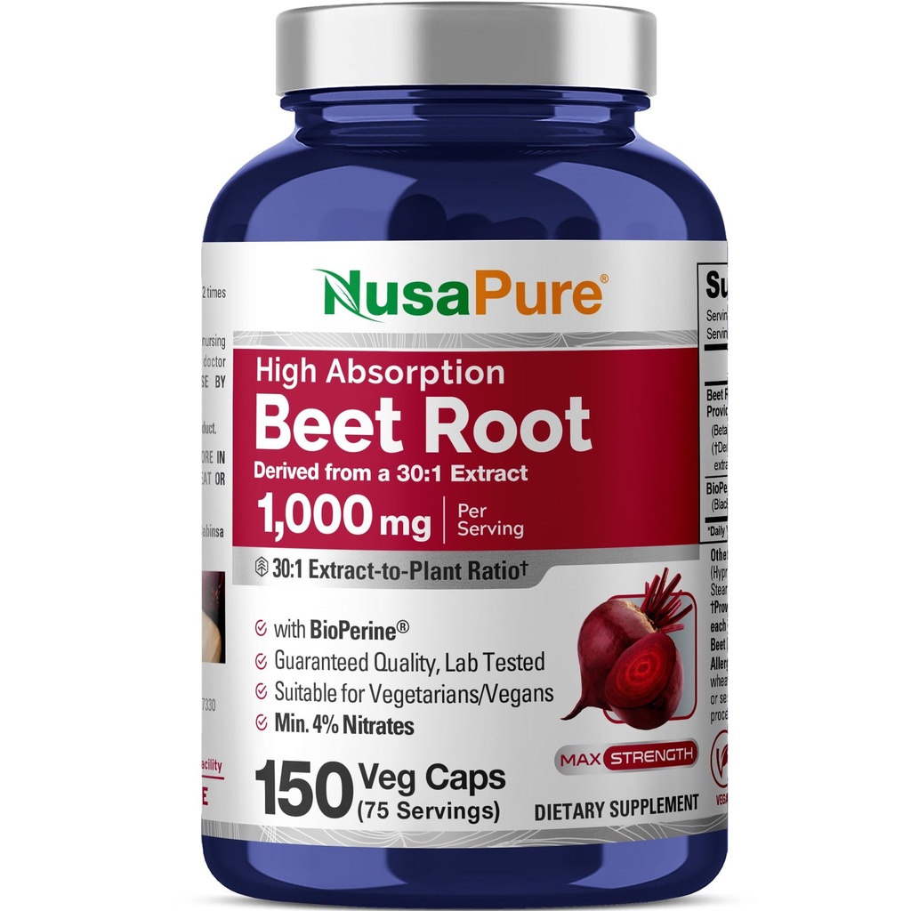 NusaPure Beet Root 30: 1 Extract, 1000 mg Ækvivalent med 30, 000 mg 150 Veggie caps (Vegan, Non- GMO & Vegan 4% Nitrater) Bioperine