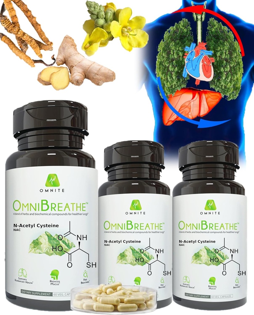 Omnibreathe for Lung Cleanse Detox Respiratory Wellness - Hjælp med at reducere mucus & Hough for alle slags rygere, Gendan Fresh Deep Natural Breature, Mindre vågn op til at nå til Inhaler (pakke med 3 flasker)