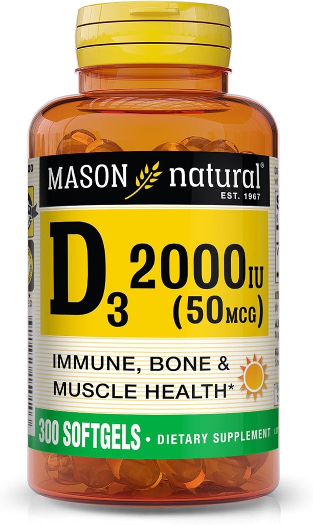 MASON NATURAL Vitamin D3 2000 IE Ultra Styrke, Understøtter Knogletæthed, Styrke og immunforsvar, 300 Softgels