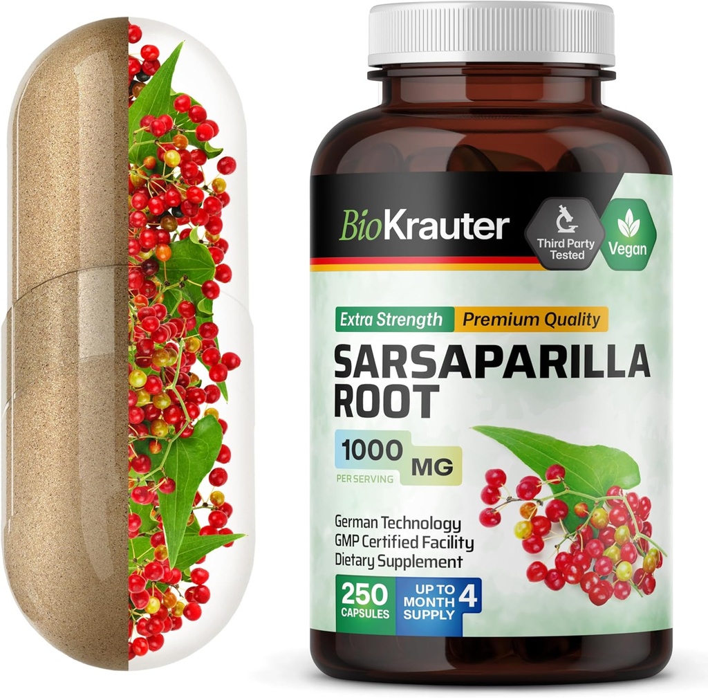 BIO KRAUTER Sarsaparilla Root Capsules - 1000 mg Styrke - 250 Vegan Sarsaparilla Extract Caps - Ingen Fillers