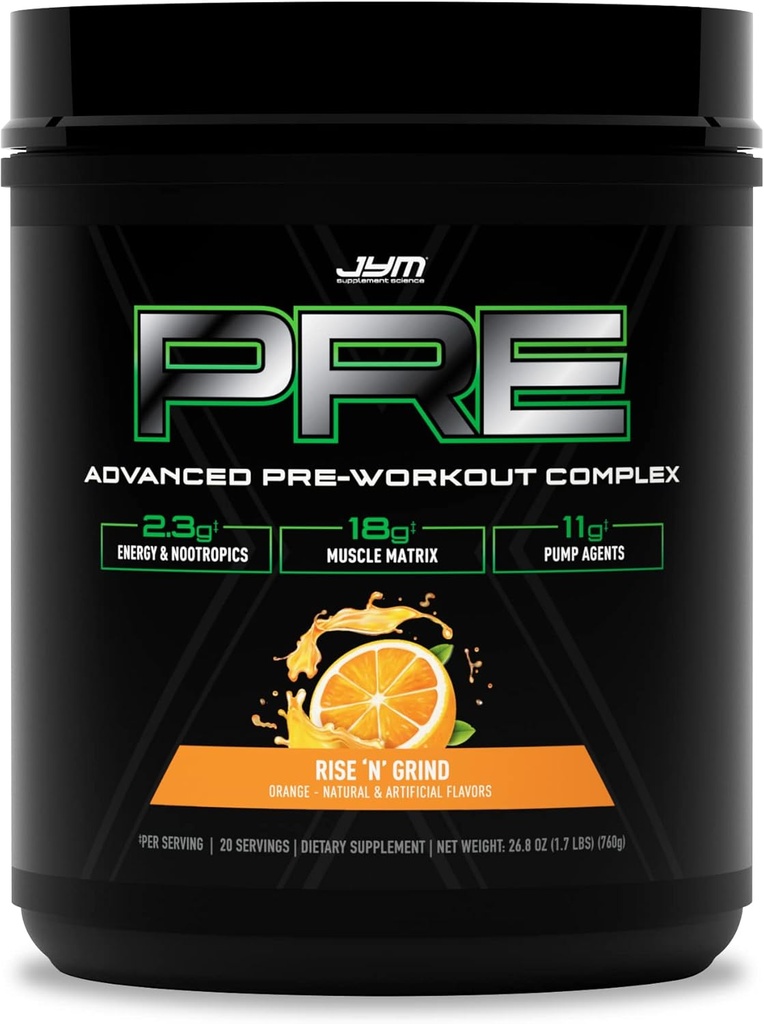 Pre JYM X Rise N 'Grind Advanced Pre-workout Powder Massive Pumper, Citrullin Nitrat, Dynamin, NO3T Betaine, BCAA' s, Nootropics, Creatin, Beta- Alanine, JYM Supplement Science, 20 Serveringer