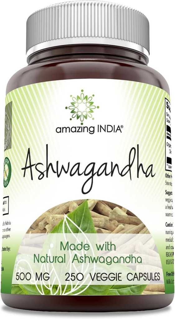 Amazing India Natural Ashwagandha against 124; 500 Mg Per Serving Measure 124; Veggie Kapsler Measure 124; Non- GMO Measure 124; Gluten Free Measure 124; Made in USA (250)