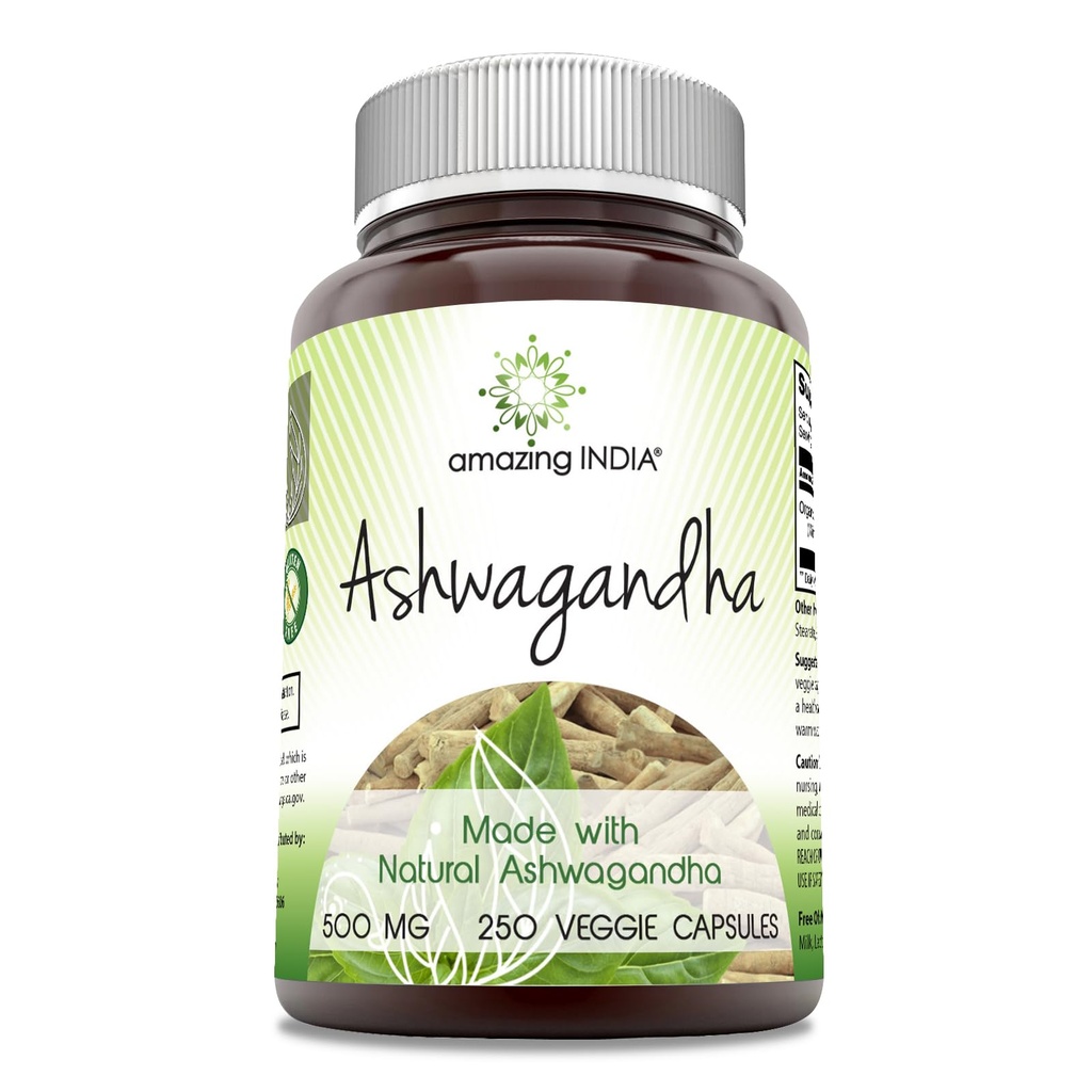Amazing India Natural Ashwagandha against 124; 500 Mg Per Serving Measure 124; Veggie Kapsler Measure 124; Non- GMO Measure 124; Gluten Free Measure 124; Made in USA (250)
