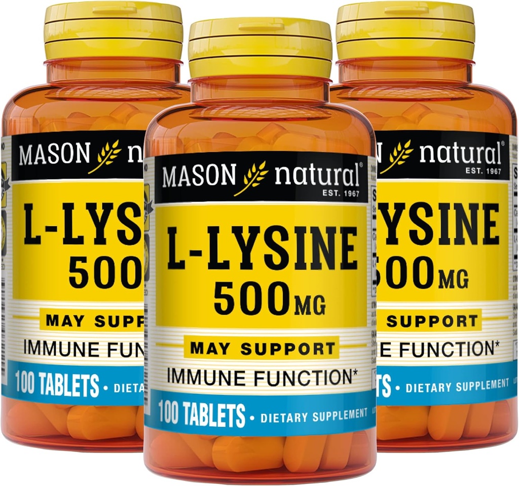 MASON NATURAL L- Lysin 500 mg med calcium - Forbedret immunfunktion, Forbedret næringsstofabsorption, essentiel aminosyre, 100 tabletter (pakning med 3)