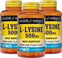 MASON NATURAL L- Lysin 500 mg med calcium - Forbedret immunfunktion, Forbedret næringsstofabsorption, essentiel aminosyre, 100 tabletter (pakning med 3)