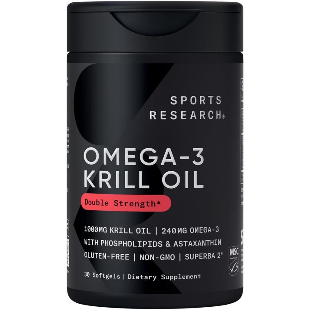 Sportsforskning Krill Oil Supplement med EPA & DHA Omega 3, Phospholipider & Astaxanthin fra Antarktis Krill - Højeste koncentration af krill olie til mænd og kvinder - 1000mg, 30 Softgel kapsler
