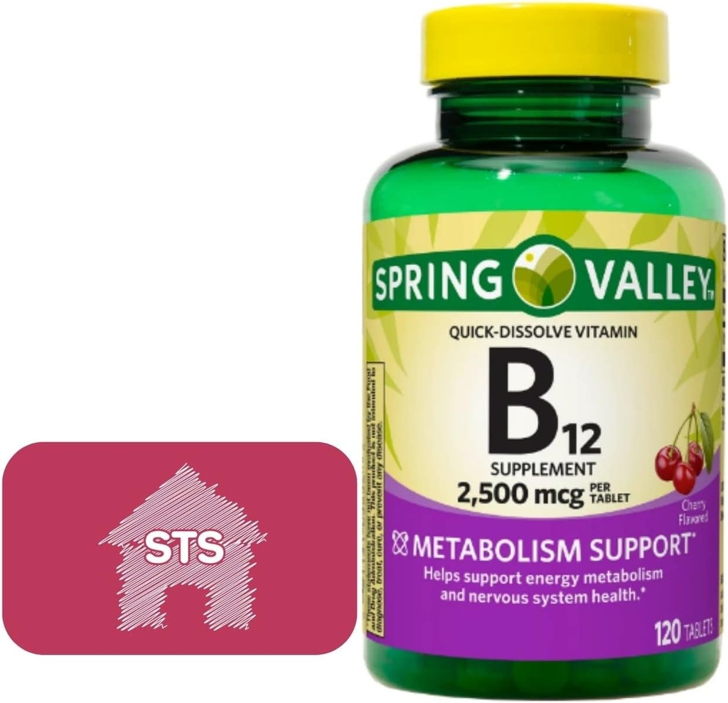 Spring Valley - Vitamin B12 Quick- Opløs tabletter, 2.500 mcg, Cherry Flavor, 120 Count + STS Sticker.
