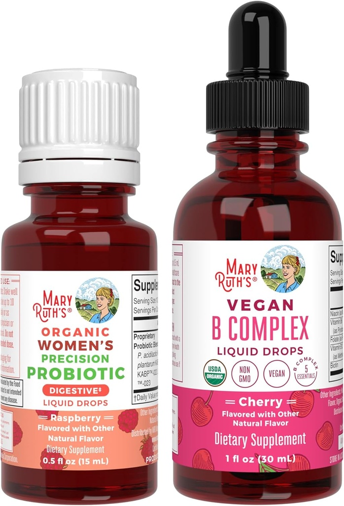 MaryRuth Organics Precision Probiotic for Women (Raspberry) & B Complex Drops (Cherry) # 124; USDA Organic, Clean Label Project Verified ® # 124; Vitamin til Gut Health & Immunity; Vegan, Non- GMO, Gluten Free