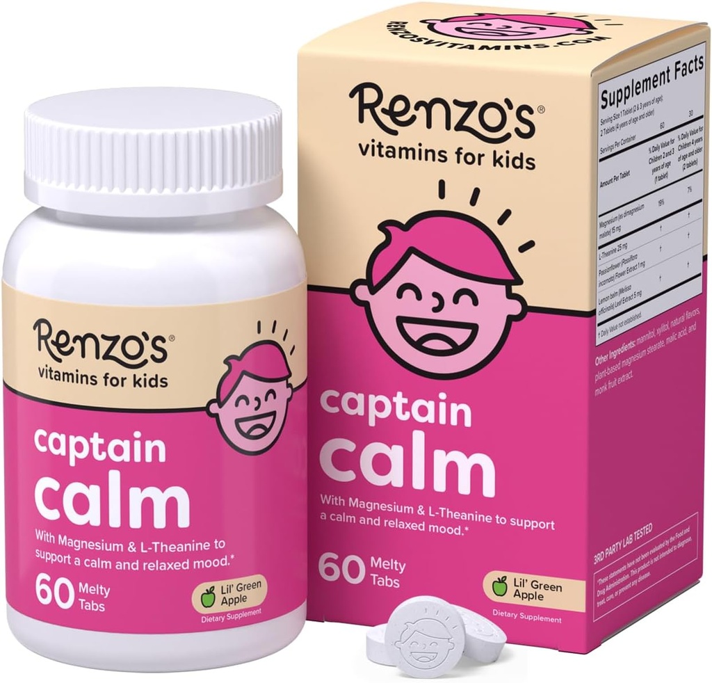 Renzo 's Captain Calm, Kids Magnesium tillæg med L- theanin, Opløselige Kids Vitaminer til Afslapning og Mood Support, Sugar- Free Calming Supplement, 60 Green Apple Flavored Melty Tabs