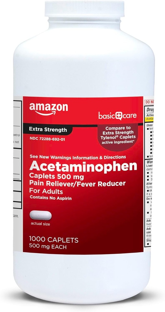 Basic Care Extra Strength Pain Relief, Acetaminophen Caplets, 500 mg, 1000 Count (Emballage kan variere)