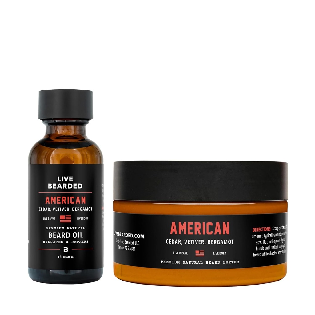 Live Bearded Beard Oil and Butter Grooming Kit - Lavet i USA - All- Natural Ingredients with Shea, Argan, Jojoba - Vækst Support Budd124; Amerikansk Duft - Cedar, Vetiver, Bergamot