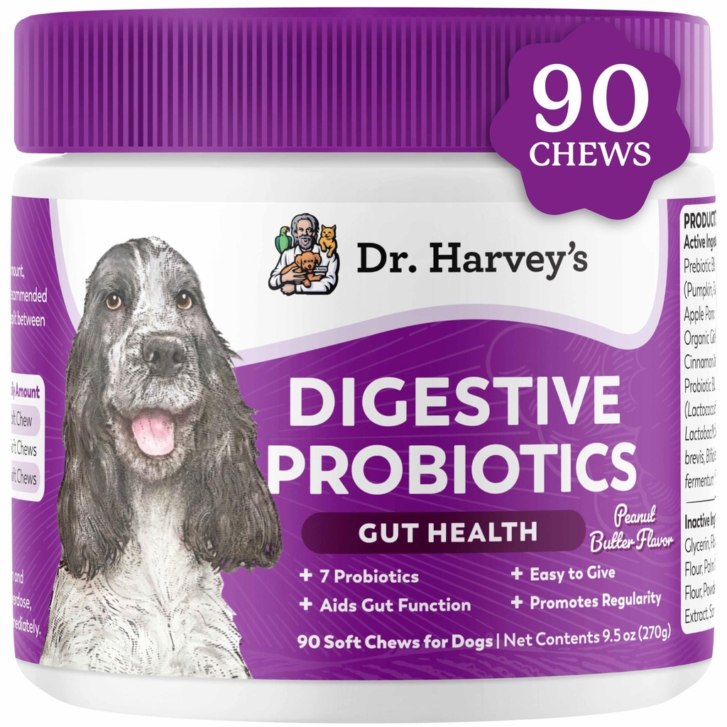 Dr. Harveys fordøjelsesfremmende probiotiske bløde tyggeben til hunde, 9 probiotika til tandkøds-, diarré og tarmstøtte, Peanut Butter Flavor (90 Tyg)