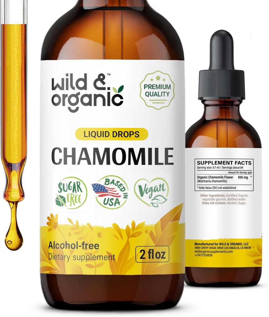 Wild & Organic Kamille Tincture - Afslappende & Calming Kamille Supplement - Flydende blomst Uddrag Drops - Vegan, Sukker & Alkohol- Gratis - 2 fl oz