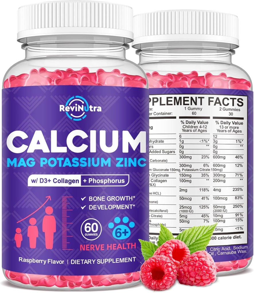 Calcium Kalium Magnesium vingummi til børn og voksne, med hydrolyseret kollagen, zink, Phosphorus, Multivitamin til søvn, Knoglestyrke, densitet støtte, sukker fri, Hindbær 60 Gummies