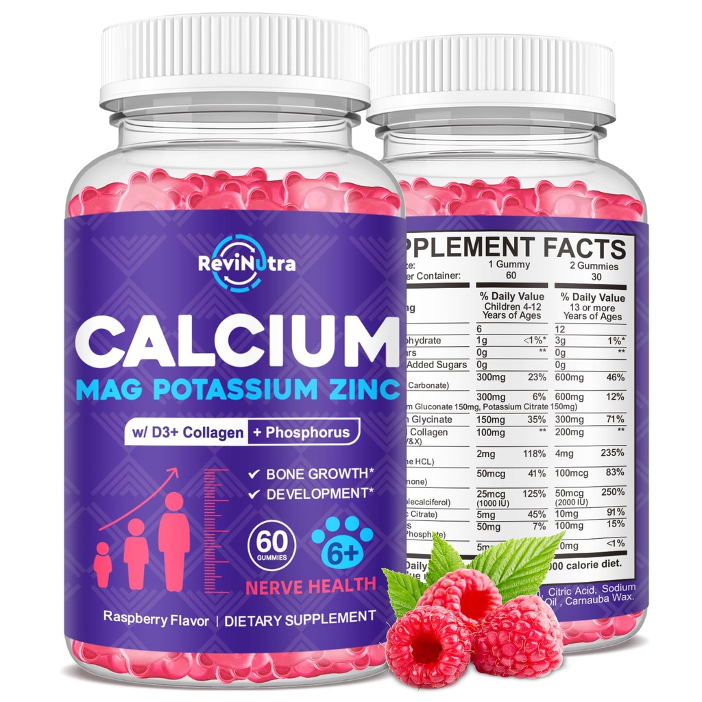 Calcium Kalium Magnesium vingummi til børn og voksne, med hydrolyseret kollagen, zink, Phosphorus, Multivitamin til søvn, Knoglestyrke, densitet støtte, sukker fri, Hindbær 60 Gummies