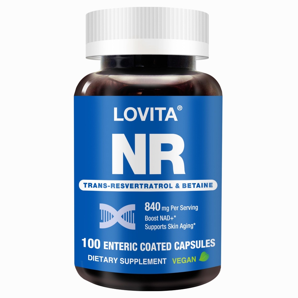 Lovita NR (Nicotinamid Riboside) 840 mg, NAD tillæg med trans- Resveratrol og betain, Promote NAD Plus niveauer, sund aldring, 100 Vegansk enteric- coated kapsler