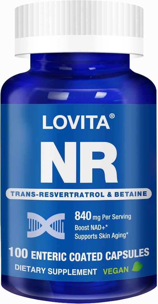 Lovita NR (Nicotinamid Riboside) 840 mg, NAD tillæg med trans- Resveratrol og betain, Promote NAD Plus niveauer, sund aldring, 100 Vegansk enteric- coated kapsler