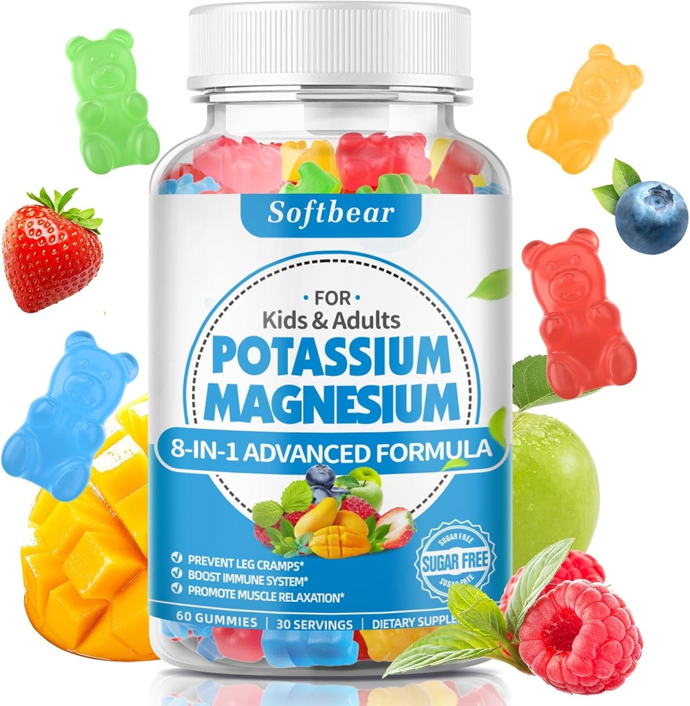 softbear Kalium Gummier for voksne, høj absorption Kalium Magnesium tillæg med vitamin B6 CoQ10 for ben kramper og muskel sundhed sukker- fri Vegansk blandet frugt flavor 60 Gummier