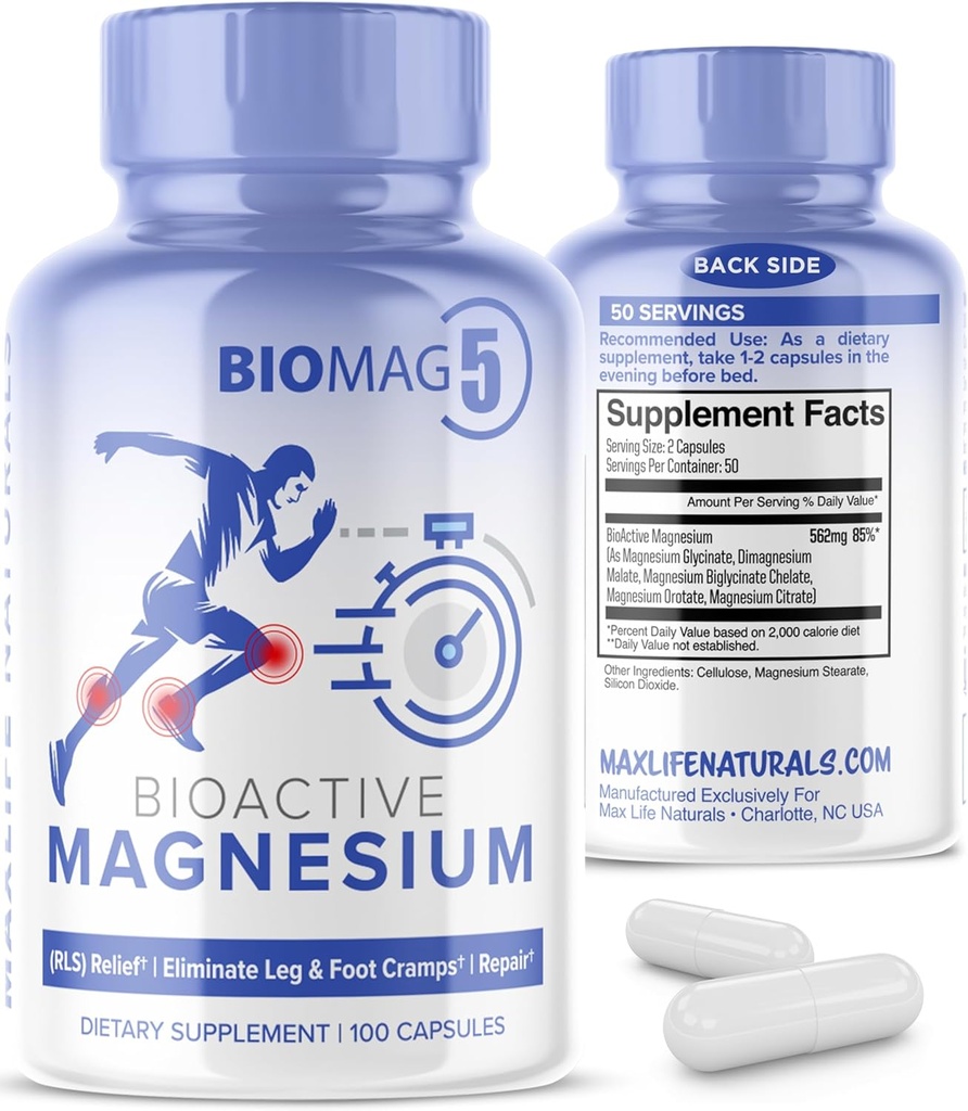 BioMag 5 Magnesium Complex supplement til kvinder og mænd, 100 kapsler - Formuleret i USA - BioAktiv og BioTilgængelig Magnesium Glycinate Malat Citrate Orot og Biglycinate Chelate Kosttilskud