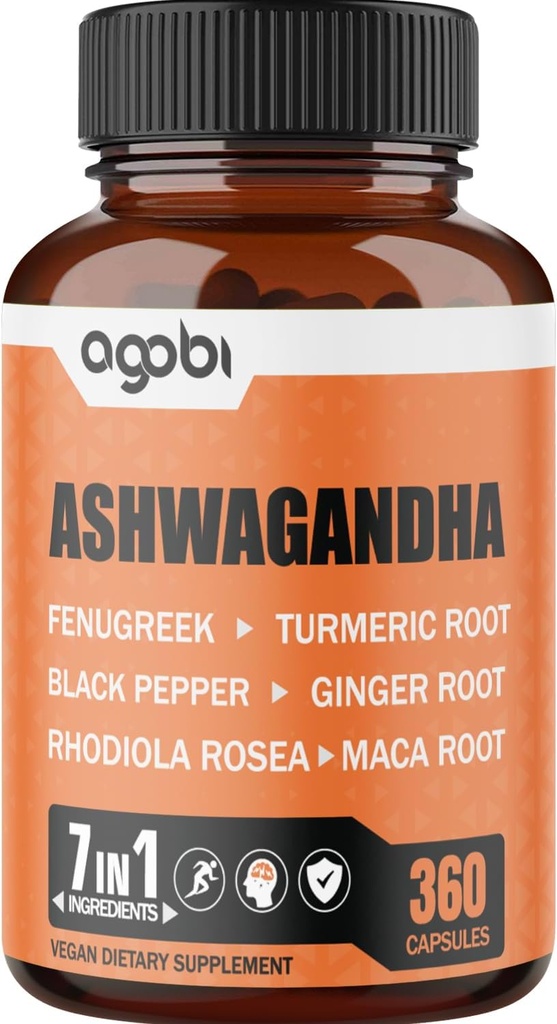 7 i 1 Ashwagandha 8050mg - Kombineret med bukkehorn, Maca, gurkemeje, Rhodiola, Ginger, And Black Pepper - Mood, Styrke, Spirit and Energy Support Supplement - 360 Kapsler - 12 Måned Supply