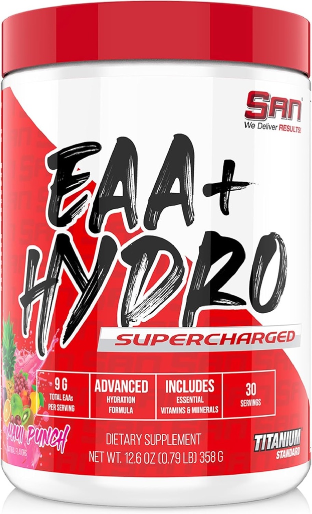 SAN EAA Hydration against 124; EAA + BCAA against 124; Muscle Recovery & Intra; 124; 9G Væsentlige Aminosyrer + Elektrolyte area 124; Maui Punch 30 Servering