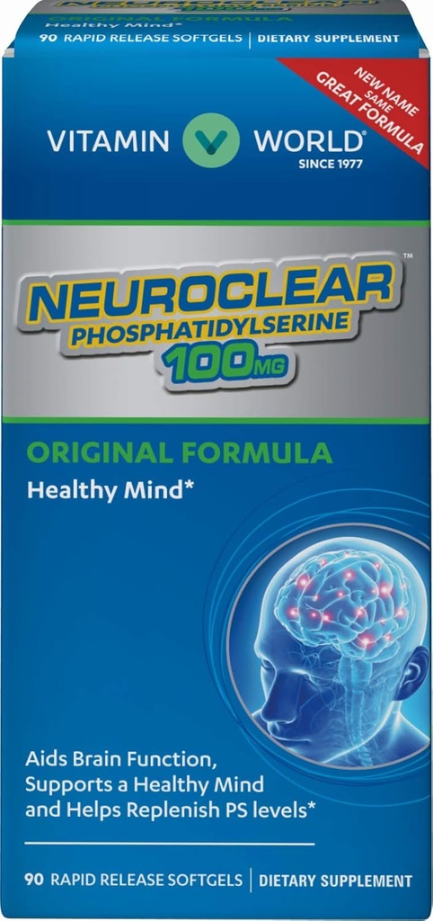 Vitamin World NeuroClear ™ Phosphatidylserin 100 mg. 90 Softgel, PS Levels, Brain Support, Mental Focus, Rapid- Release, Gluten Free