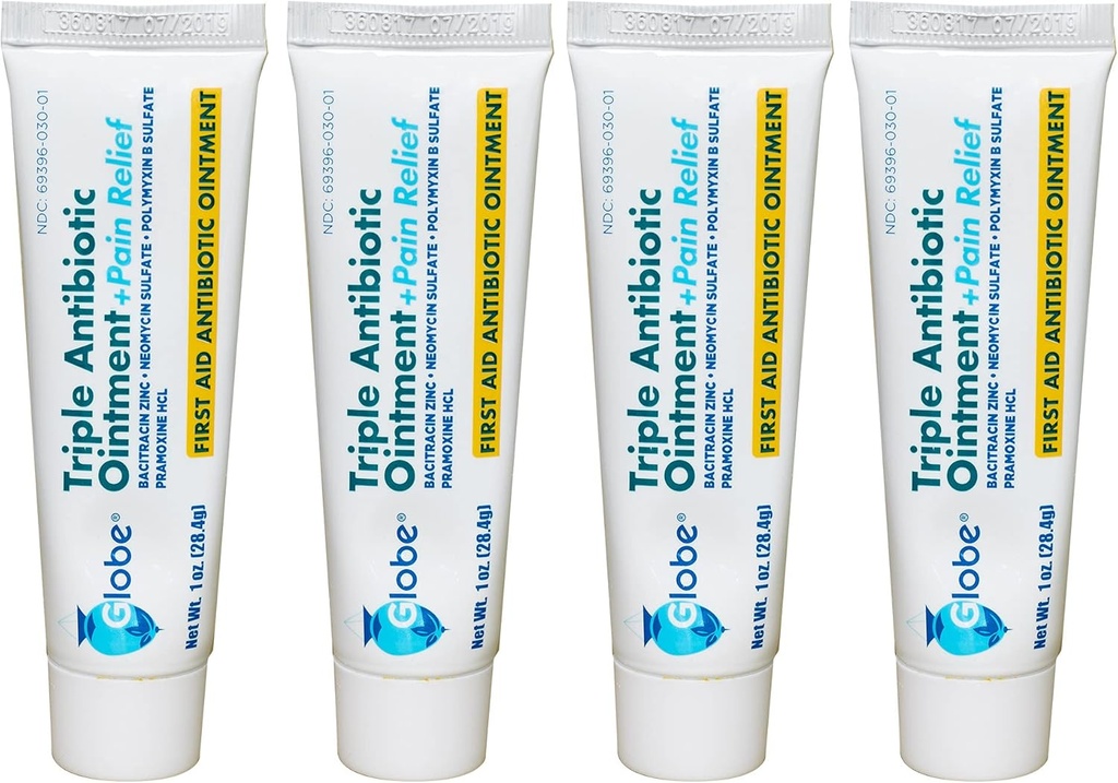 Globe (4 Pack Triple Antibiotic + Pain Relief Ointment 1oz, First Aid Antibiotic, Soothes Pain, Cuts, Burns and Scrapes 24 Hour Infection Protection
