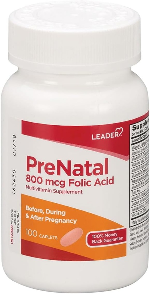 Leader Prenatal Multivitamin med 800mcg folinsyre & essentielle næringsstoffer til sund graviditet & foetal udvikling, høj potens Vitamin til forventede mødre, daglig support, 100 kapsler (2 - Pack)