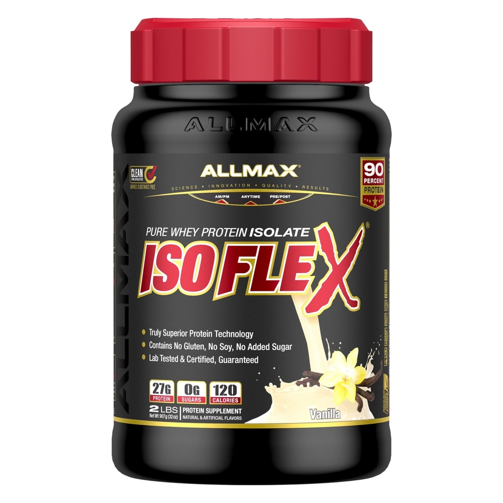 ALLMAX ISOFLEX Whey Protein Isolate, Vanilla - 2 LB - 27 Bedste Protein Per Scoop - Zero Fat & Sugar - 99% Lactose Free - Gluten Free & Soy Free - Ca. 30 Servere