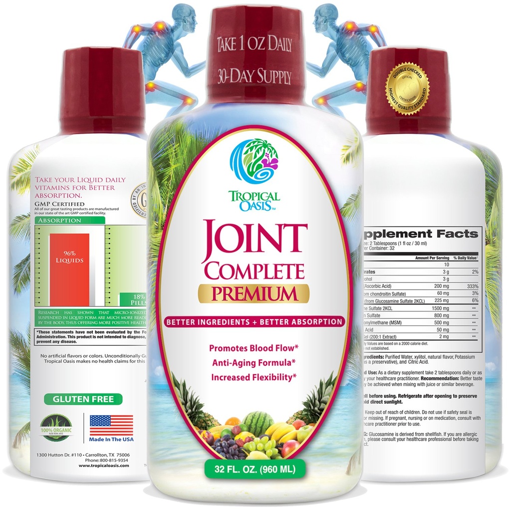 Tropical Oasis Joint Complete Premium - Liquid Joint Supplement with Liquid Glucosamin Sulfate, Chondroitin, MSM & Hyaluronsyre - 96% Max Absorption- 32oz, 32 serv, 33484