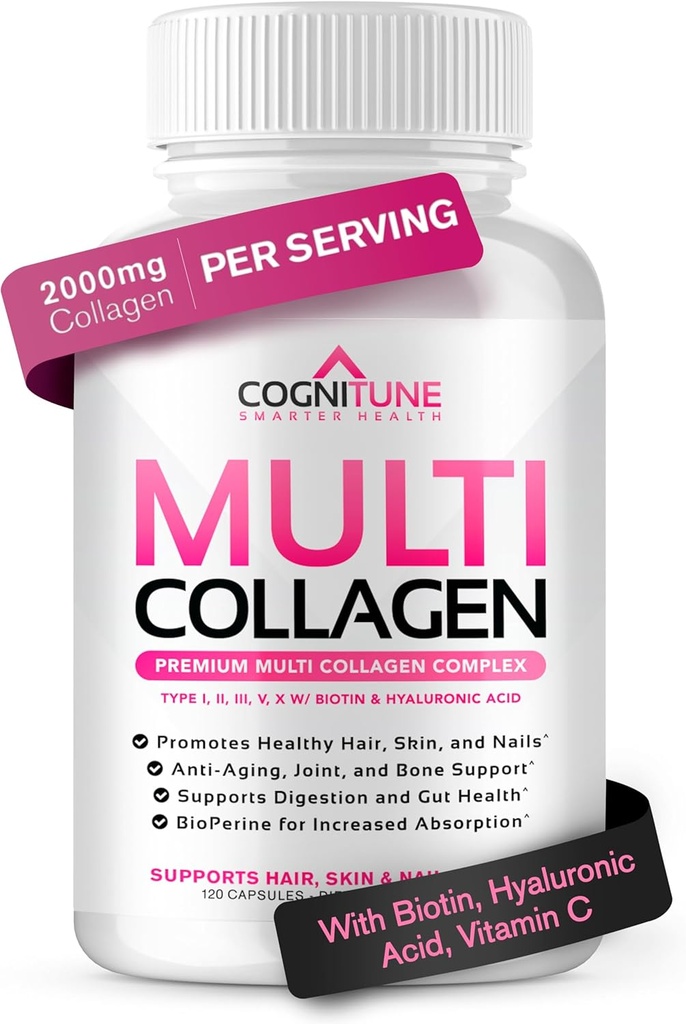 Multi collagen til kvinder med Hyaluronsyre, C-vitamin og biotin, Collagen protein supplement med type I, II, III, V, X peptider til sundt hår, hud, negle og joints, 120 kapsler