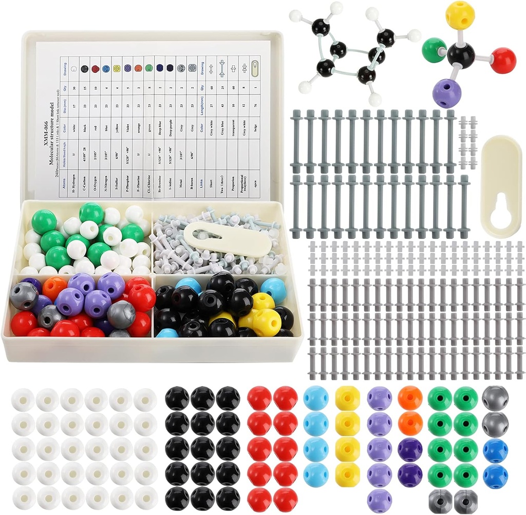YOPAY 240 stykker Molecular Model Kit, Økologisk og Uorganisk Kemi Molecular Structure Model, 86 Atomer og 153 Links og 1 Short Link Remover Tool