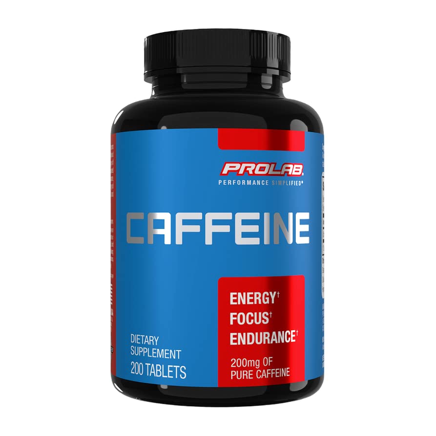 ProLab Koffein tabletter 200mg - 200ct; Energistøtte, Hjælper med at forbedre udholdenhed & Mental Focus, Reducere træthed, Pre- workout, Ekstra styrke