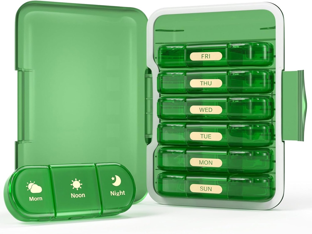 Ugentlig Pill Organizer 3X om dagen, 7 dag Pill Box 3 gange, Portable for Travel Pill Case for Pills / Vitamin / Fish Oil / Medicin / Kosttilskud (3x7 Green)