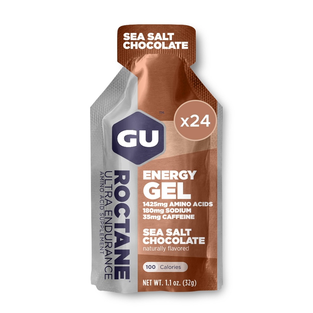 GU Energy Roctane Ultra Endurance Energy Gel, Vegan, Gluten- Free, Kosher, og Dairy- Free On- The- Go Sportsernæring til løb, cykling, vandreture eller Skiing, Sea Salt Chocolate, 24-greve