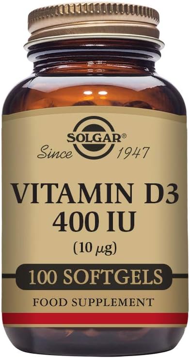 Solgar Vitamin D3 (Cholecalciferol) 10 MCG (400 IE), 100 Softgels - Hjælper vedligeholde knogler & tænder - immunsystemet support - non-GMO, Gluten fri, Dairy Free - 100 Servere