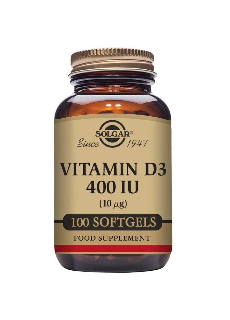 Solgar Vitamin D3 (Cholecalciferol) 10 MCG (400 IE), 100 Softgels - Hjælper vedligeholde knogler & tænder - immunsystemet support - non-GMO, Gluten fri, Dairy Free - 100 Servere