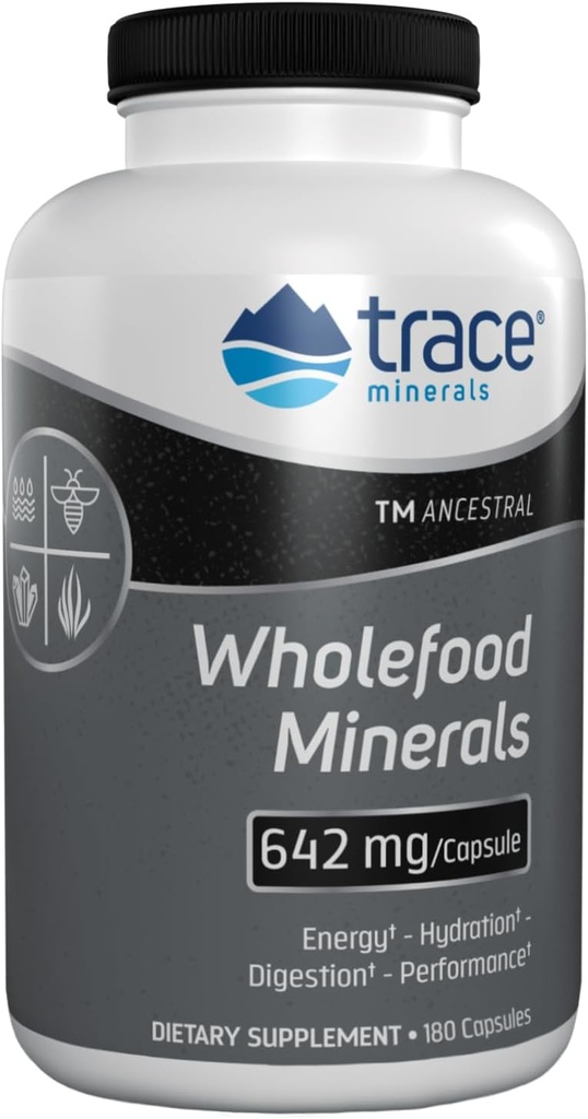 Trace Minerals Wholefood Minerals - Body & Brain Health Support - Food Health Supplement med Wildflower Bee Pollen & Atlantic Kelp - Aids Nerve funktion & fordøjelsessygdomme - 180 kapsler