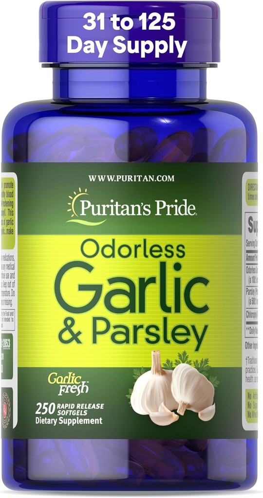 Puritans Pride PremixOdorless Hvidløg 5 mg (500 mg ækvivalent) & Persley, Traditional Dietary Supplement for Heart Health, Circulation, og Blood Flow Support, 250 Rapid Release Softels