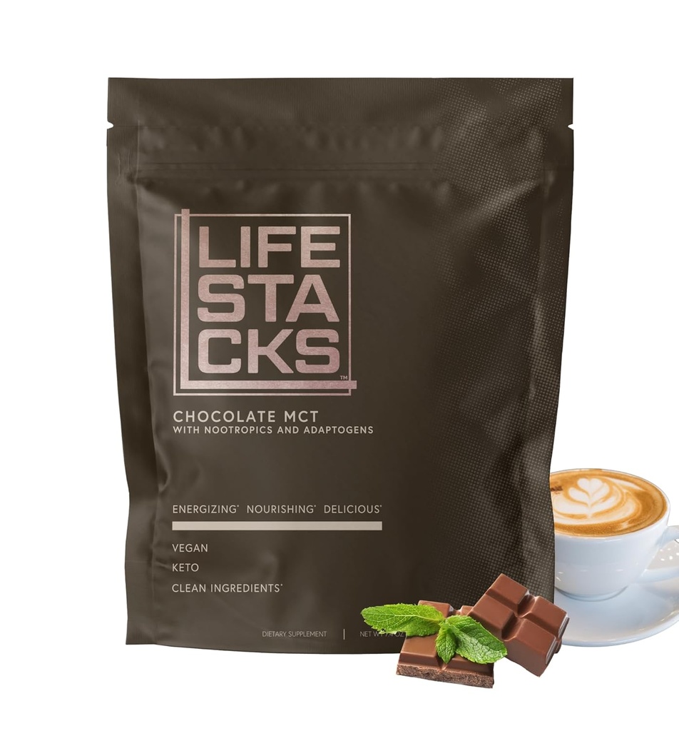 LIFESTACKS Focus Chocolate Coffee Creamer for Energy - MCT Powder + Nootropics + Adaptogens - Boost Produktivitet Uden Jitters eller Crash - Keto, Vegan, 0 Sukker - med Taurine, L-Tyrosine, Rhodiola