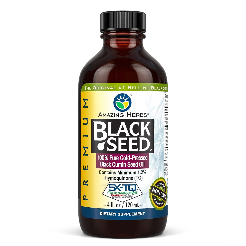 Amazing Herbs Premium Black Seed Oil - Gluten Free, Non GMO, Cold Pressed Nigella Sativa aids i fordøjelsessygdomme, immunforsvar, hjernefunktion - 4 Fl Oz