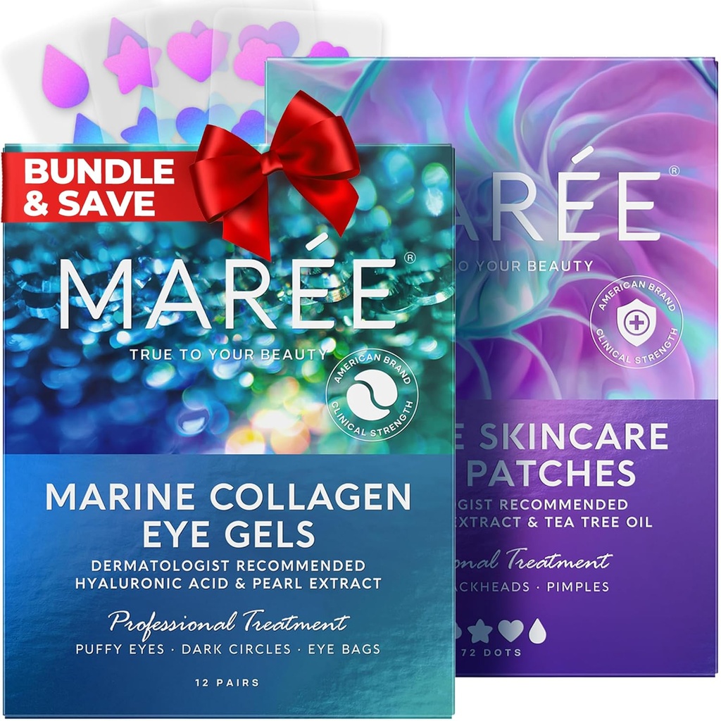 MAREE Eye Gels & Acne Сlaring Device Bundle - Under Eye Gels for Puffy Eyes and Dark Circles, Hydrocolloid Acne Therapy Device - Marine Collagen & Hyaluronic Acid, Green Algae Extract & Tea Tree Oil