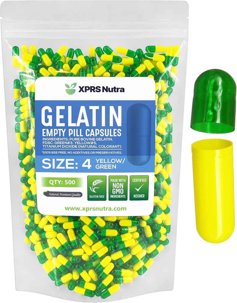 XPRS Nutra Product Image Size 4 Empty Capsules - 500 Count Small Empty Gelatin Capsules - Pills DIY Capsule Filling - Bovine Pill Gel Caps (Green/Yellow)