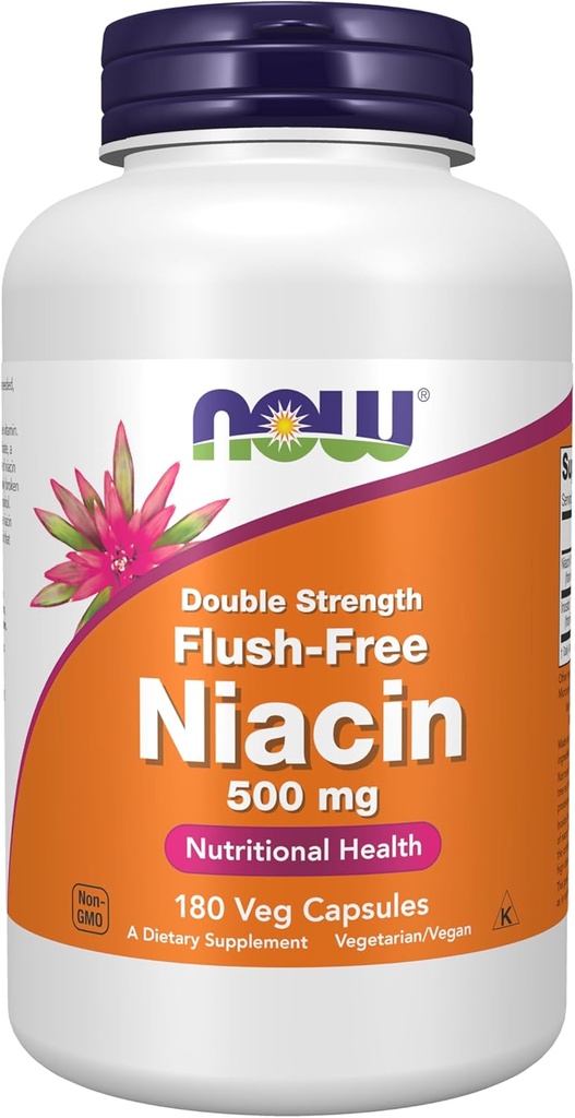 NOW Foods Supplements, Niacin (Vitamin B-3) 500 mg, Flush-Free, Double Strength, Nutritional Health, 180 Veg Capsules