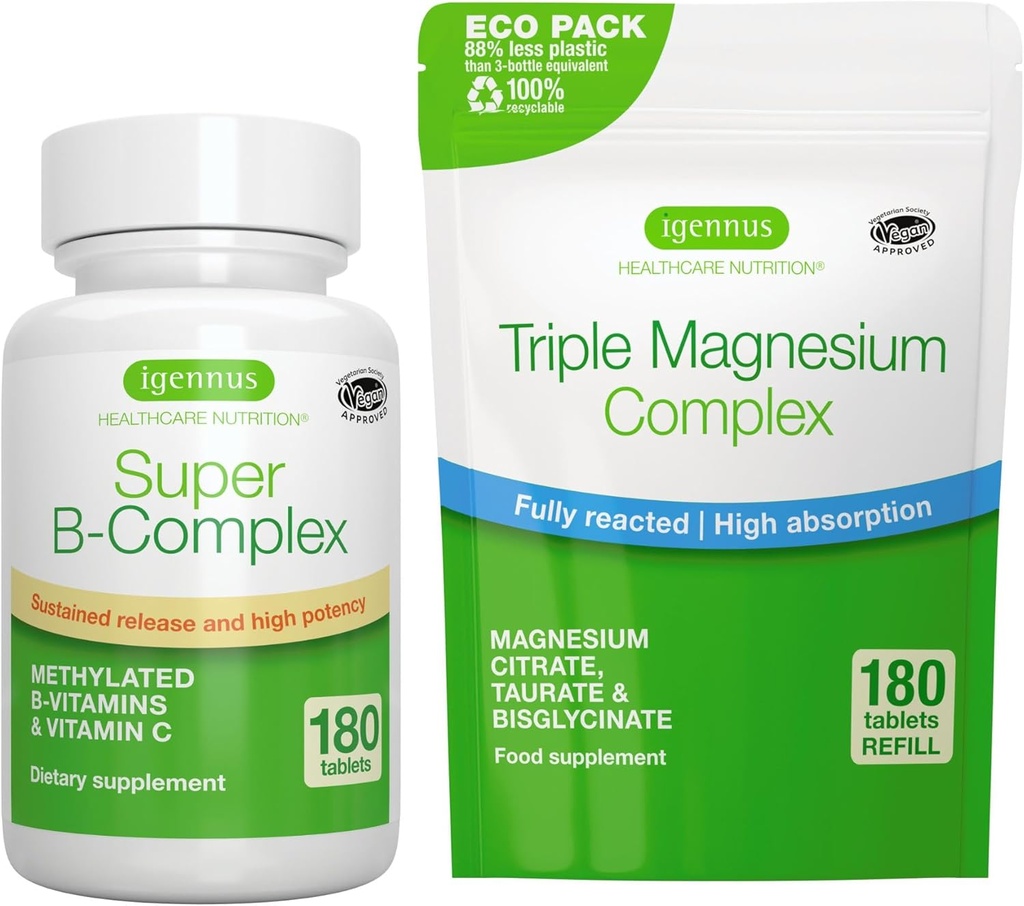 Super B- Complex 180 tabletter + Triple Magnesium Complex 180 tabletter Vegan Bundle, Metyleret Sustained Release B Complex + High Absorption Chelated Magnesium Glycinate, Taurate & Citrate, af Igennus