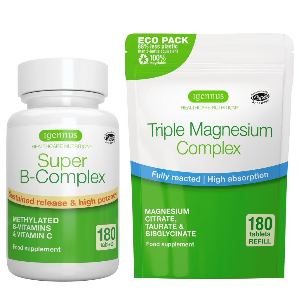 Super B- Complex 180 tabletter + Triple Magnesium Complex 180 tabletter Vegan Bundle, Metyleret Sustained Release B Complex + High Absorption Chelated Magnesium Glycinate, Taurate & Citrate, af Igennus