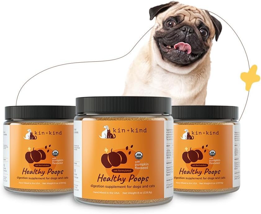 kin + kind Organic Fiber for Dogs & Cats - Græskar Boost for sunde poops - fordøjelsessygdomme - Hør frø, Ingefær, gurkemeje og kokos - Made in USA - Bundle (3 x 8 oz)