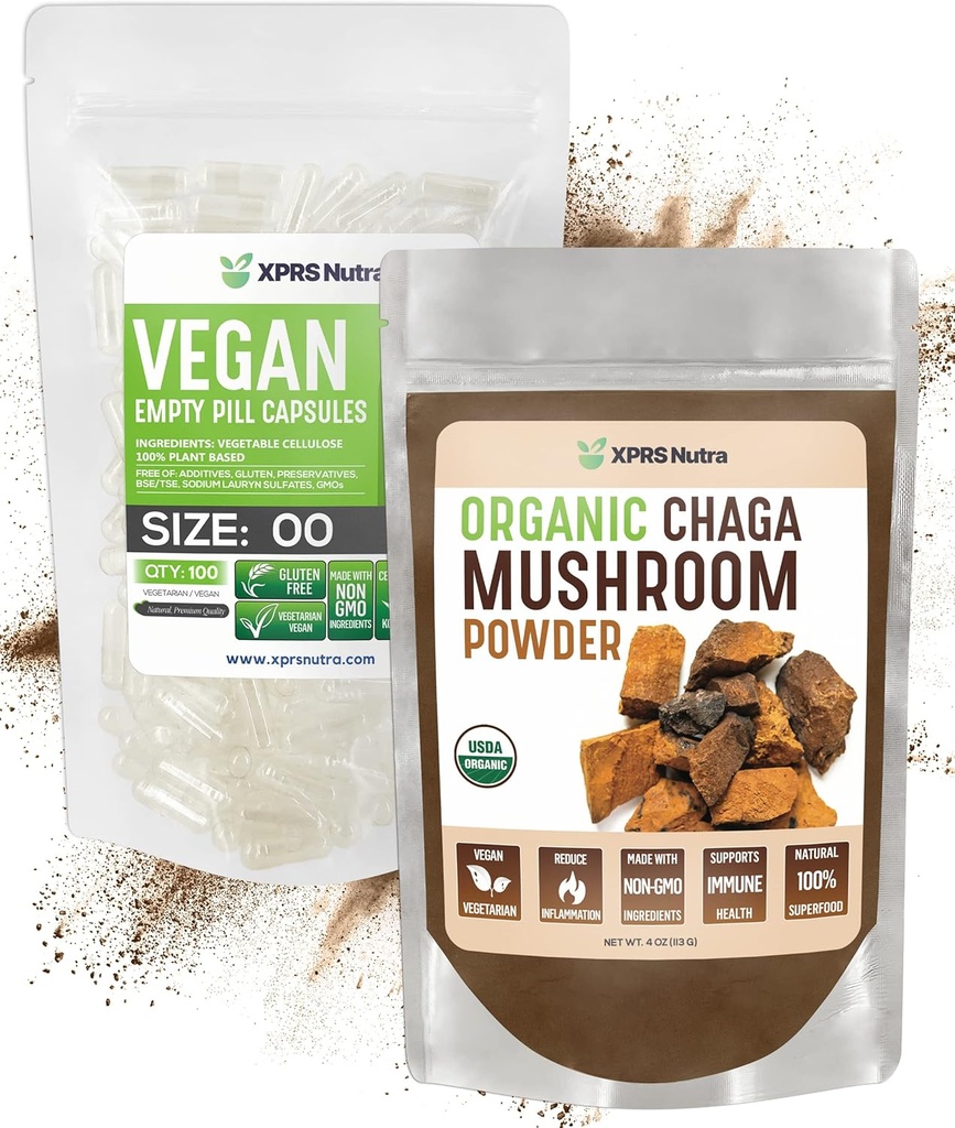 XPRS Nutra Organic Chaga Powder 4 Ounce med størrelse 00 Pre- Separated Tomme kapsler (100 Greve) Bundle