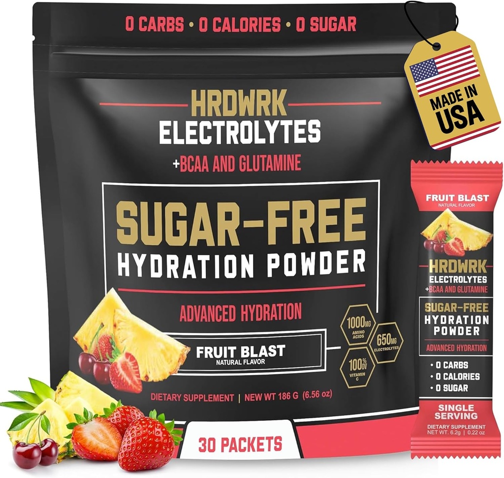 HRDWRK Electrolytes Powder Packets with Magnesium, Kalium Natrium, Keto Hydration - BCAA Electrolyte Powder Packets with Glutamin, 30 Electrolytes Powder Packets Sugar Free (Fruit Blast)